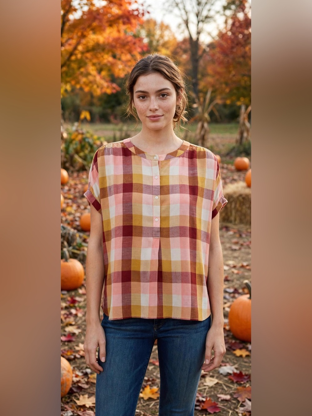 LOFT Pink, Mustard & Burgundy Plaid Short Sleeve Henley
